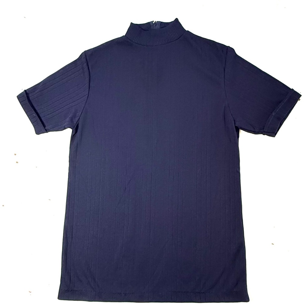 Vintage Double Knit Polyester Women Blue Ribbed Short Sleeve Mock Neck Top Large